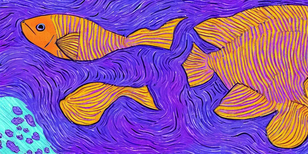 Image similar to A purple fish, swimming in a beautiful coral reef, Digital art, Concept art by Studio Ghibli and Pixar and Vincent Van Gogh