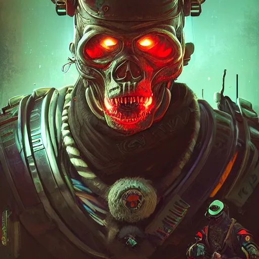 Image similar to an obsidian skull face monkey warrior, neon graffiti, Apex Legends character digital illustration portrait design, by android jones and greg rutkowski in a cyberpunk voodoo style, retrowave color scheme, detailed, cinematic lighting, wide angle action dynamic portrait