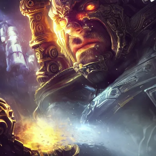 Image similar to portrait of babylon high priest, league of legends amazing splashscreen artwork, gears of war, splash art, natural light, elegant, photorealistic facial features, intricate, fantasy, detailed face, atmospheric lighting, anamorphic lens flare, cinematic lighting, league of legends splash art, hd wallpaper, ultra high details by greg rutkowski