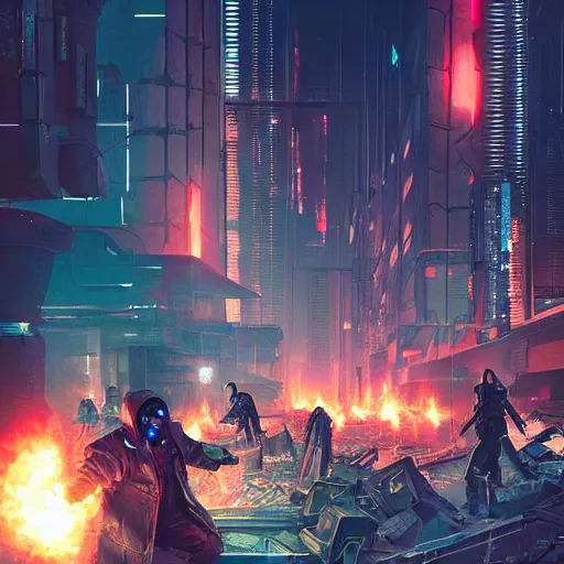 Image similar to cyberpunk rioters, detailed digital illustration by greg rutkowski, fire, placards, forced perspective, android netrunner