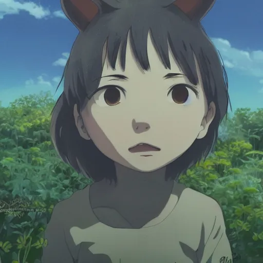 Image similar to friendly boyand small creature , with Fragile looking character portrait face made in Studio Ghibli artstyle ,highly detailed art, beautiful scene, sharp focus, smooth, 8k, anime art, fantasy, style in ghibli anime