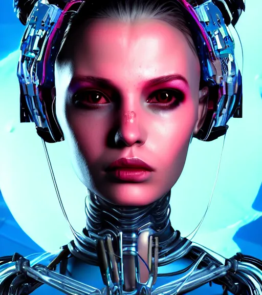 Prompt: synthwave biopunk cyborg girl portrait with implants detailed rendering realistic photo cinematic 3d hd key visual official media with frank Miller Alex Ross giger style trending