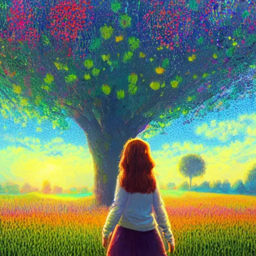 Prompt: girl with singular flower as a face, flower field, big trees, sunrise dramatic light, impressionist painting, colorful clouds, digital painting, pointillism, artstation, simon stalenhag