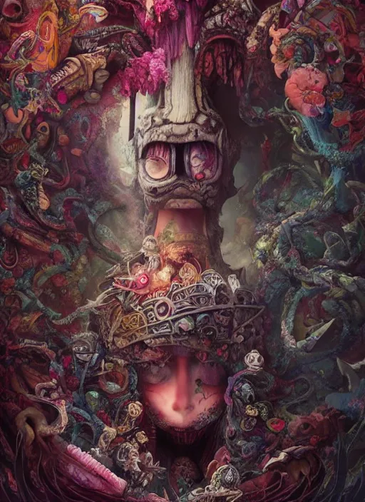 Prompt: alice in wonderland, aztec god, highly detailed, cinematic, 8 k, by megan duncanson, benjamin lacombe, adrian borda, stanley artgermm, tom bagshaw, craig mullins, carne griffiths, ayami kojima, beksinski, giger, trending on deviantart, hyper detailed, horror, full of colour