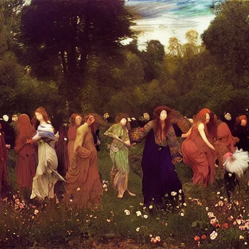 Prompt: preraphaelite 6 0 s hippies dancing in a mushroom flower forest, ritual summoning demon, bonfire, billowing smoke, flowing forms, ultra wide angle, beautiful sky, highly detailed, william morris ford madox brown william powell frith frederic leighton john william waterhouse hildebrandt