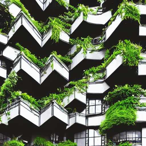 Prompt: “building made of plants, brutalist, mc Escher, photography, architecture, 8k, detailed”