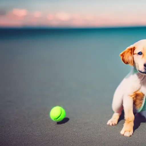 Image similar to cute puppy playing with a tennis ball at the beach, photo shoot, realistic, cinematic