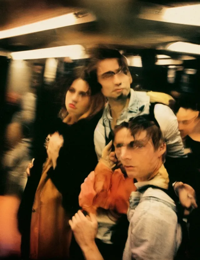 Prompt: wide angle, polaroid photograph with flash, in nyc subway couple of man and woman surrounded by aura light, cool colors, bleached, kodak film stock, hyper real, stunning moody cinematography, with anamorphic lenses, by maripol, detailed