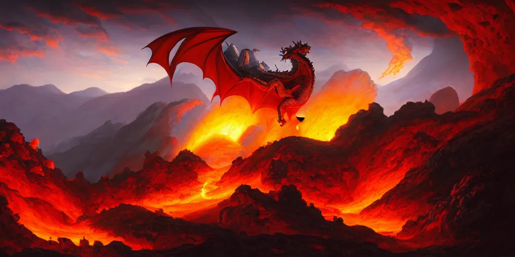 Prompt: dragon in a volcanic landscape, magical energies emanating from it, fantasy art, matte painting, sharp focus, vibrant colors, high contrast, illustration, art by justin gerard