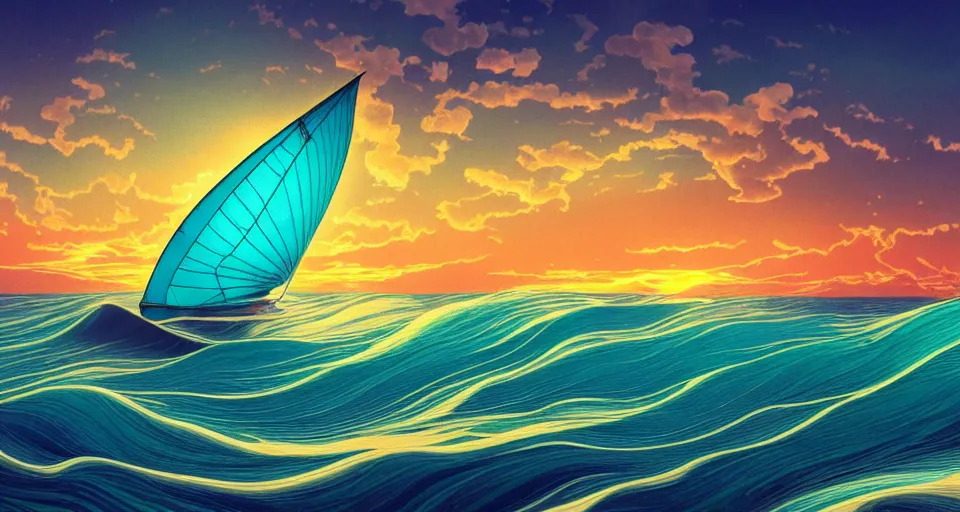 Prompt: [ palate ] [ muted colors ] sublime psychedelic ocean waves, sailboat in rough seas, paisley swirls and ripples, backlit, sunrise, refracted lighting, outdoors, paisley clouds in the sky, elegant, 8 k resolution, intricate and fine details, award wining composition, photorealistic illustration, artstation, mario martinez, alphonse mucha