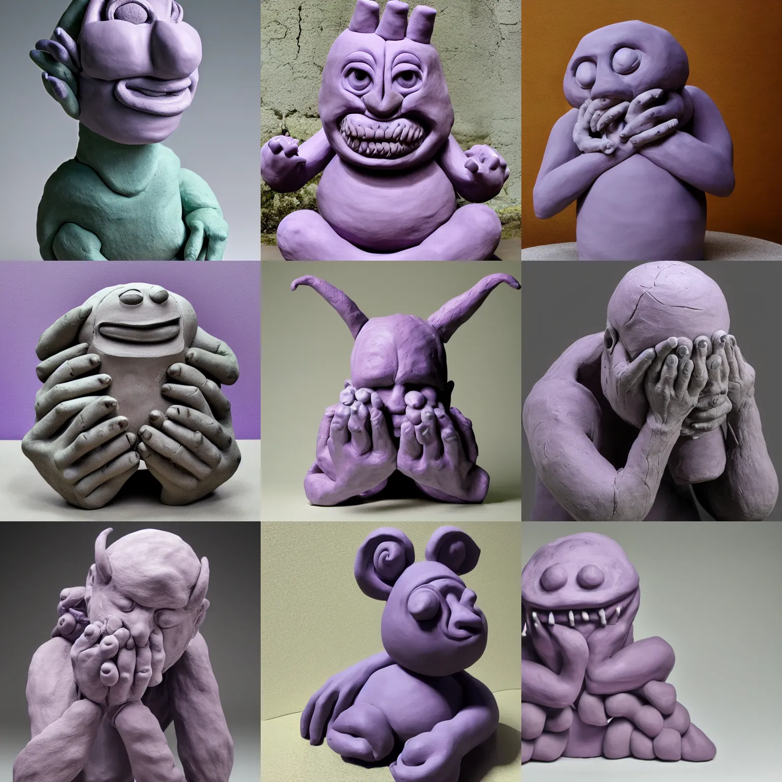 Prompt: A clay sculpture of a monster holding its own head in its hands, purple and grey colour scheme