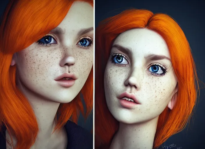 Prompt: portrait Girl with orange hair and freckles, cute-fine-face, white-hair pretty face, realistic shaded Perfect face, fine details. realistic shaded lighting by (((Yasar Vurdem)))