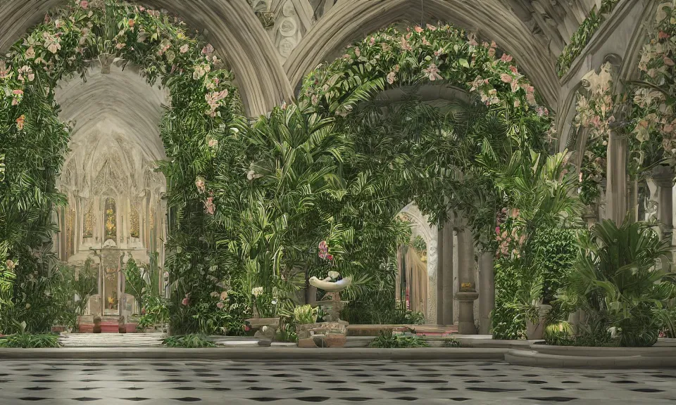 Image similar to cathedral interior with koi pond in the middle surrounded by palm trees, ivy, flowers, tropical plants, roses, and with archways. rendered in octane render with photorealistic lighting