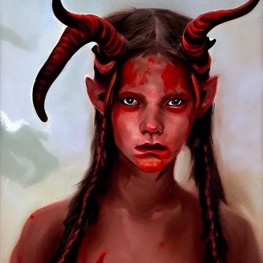 Image similar to painted portrait of a young demon girl with goat horns and red skin. oil painting, fantasy art by greg retkowski and john singer sargent, character design