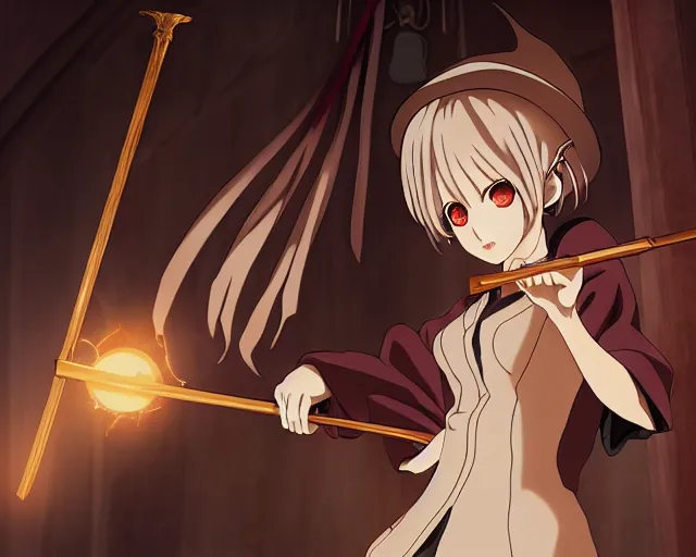 Image similar to key anime visual portrait of a young robed female witch holding a staff in a tavern interior, dynamic pose, dynamic perspective, cinematic, dramatic lighting, muted colors, fine detail, textured