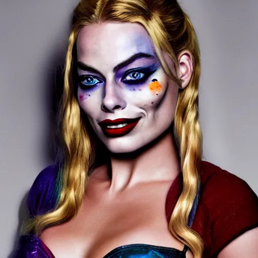 Image similar to beautiful margot robbie with harley quinn makeup, highly detailed, realistic face, amazing digital art