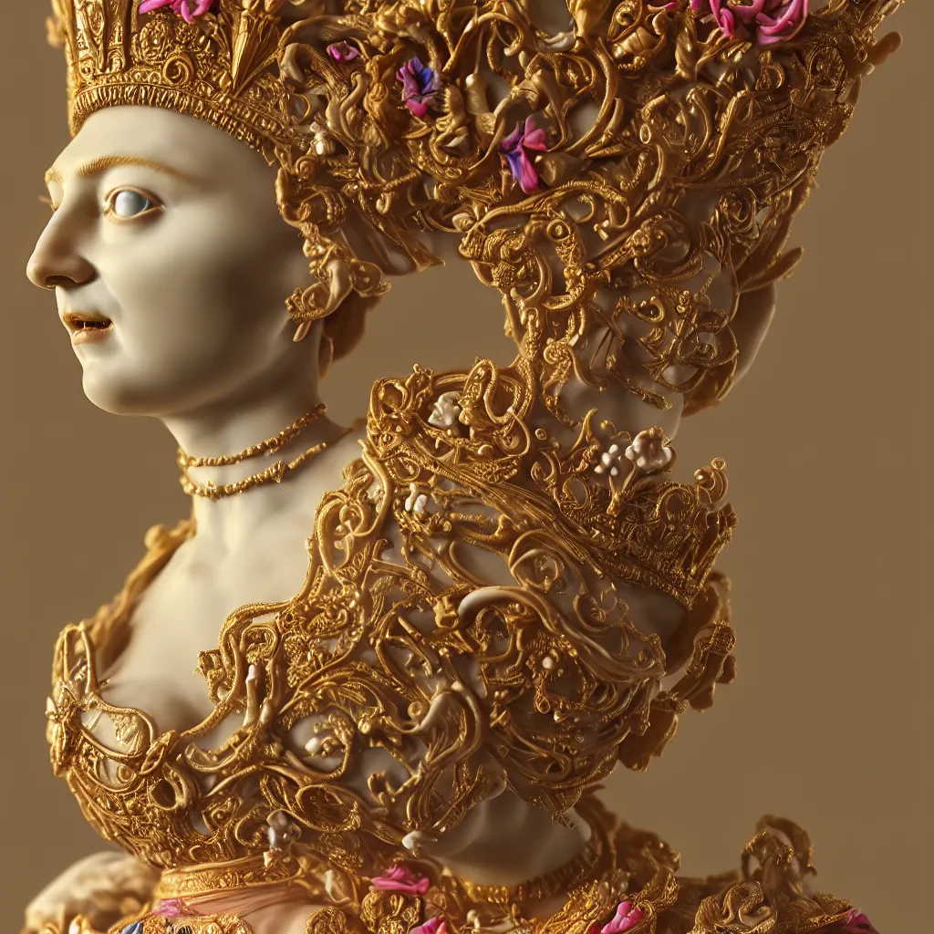 Prompt: a closeup photo - real delicate ceramic porcelain sculpture of an ornate detailed queen in front of a intricate background by davinci, micro detail, backlit lighting, subsurface scattering, translucent, thin porcelain, octane renderer, colorful, physically based rendering, trending on cgsociety