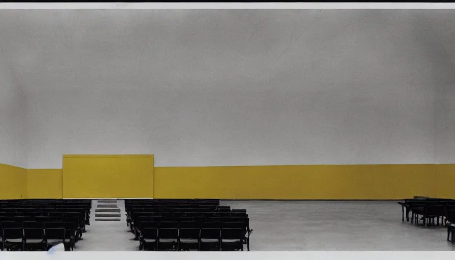 Image similar to 60s movie still of a sovietic stalinist style empty art museum with a soviet congress with yellow wall, super 8 film, liminal Space style, heavy grain