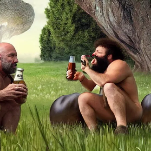 Image similar to caveman chugging a beer with joe rogan and alex jones frolicking around in a field of mushrooms smoking in real life, 8 k, 4 k uhd, realistic, hyper realistic, super detailed, very detailed, detailed