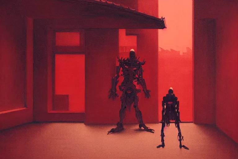 Image similar to only with red, a red cyborg samurai, tokio futuristic in background, some evil yokai, in the style of beksinski, parts by edward hopper, parts by rodcenko, parts by yue minjun, intricate and epic composition, red by caravaggio, insanely quality, highly detailed, masterpiece, red light, artstation, 4 k