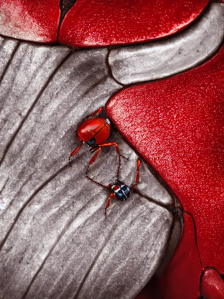 Image similar to complementary color scheme. close - up shot of a beautiful red and white beetle. insect eyes. by kechun zhang. studio photography high quality highly detailed award winning photograph by national geographic. soft volumetric light, smooth gradient.