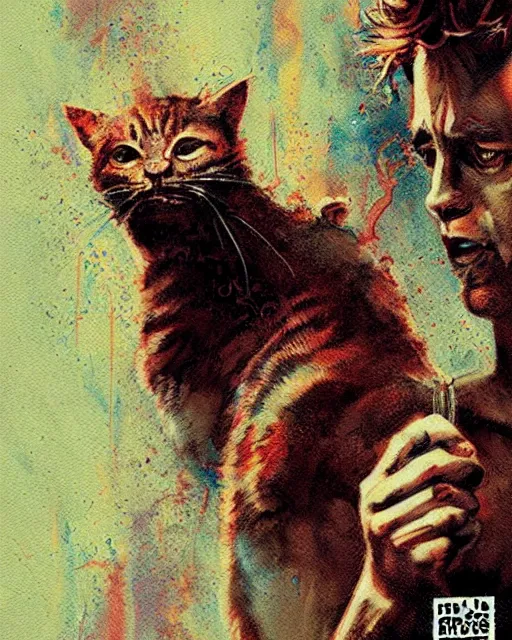 Image similar to cat in fight club, cat tyler durden, airbrush, drew struzan illustration art, key art, movie poster