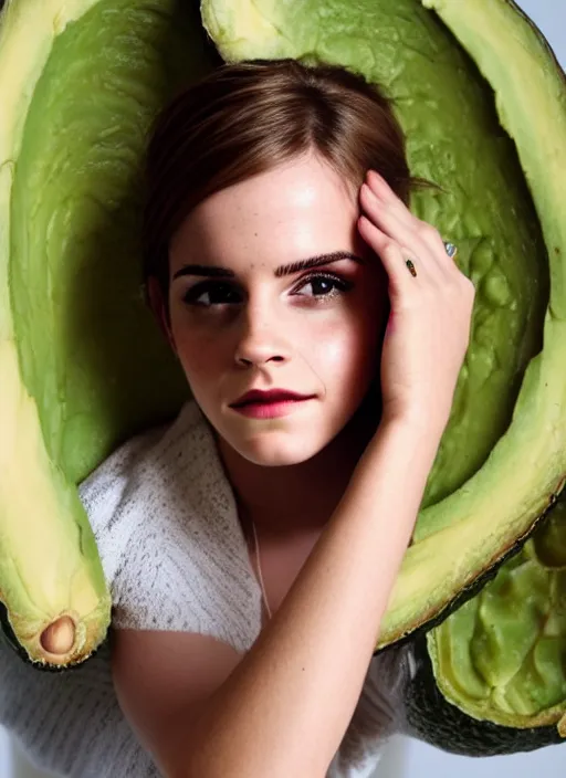 Image similar to emma watson inside an avocado, high quality photography