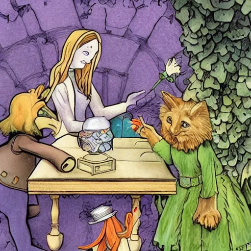 Image similar to Alice in Wonderland and Wizard of Oz mixed into a dream storybook illustration