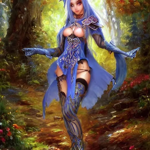 Image similar to Gothic elf princess in blue dragon armor on a misterious forest by Konstantin Razumov H 960