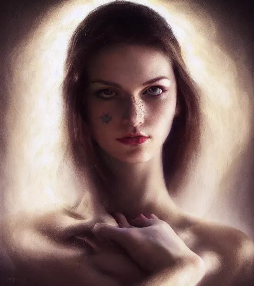 Image similar to lightpainting, diffuse lightpainting, fantasy, intricate wiccan facial lightpainting, elegant light, highly detailed, lifelike, photorealistic, artstation, concept art, smooth, sharp focus, art by john collier, artem demura, michael bosanko