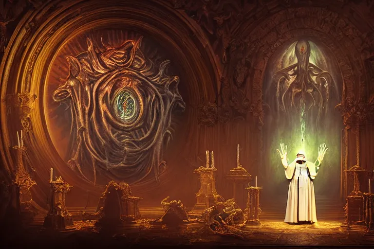 Image similar to photography group circle pope priest in an invoking ritual in front of a viscosity cthulhu within a lovecraft portal in a baroque intricate church, atmospheric lighting, rich deep colors masterpiece, fractal crystals, fantasy portrait by tom bagshaw