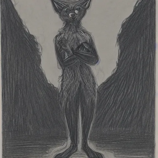 Prompt: drawing of anthropomorphic blue wolf with arms crossed in front of a burning orphanage, cinematic composition
