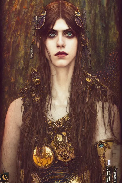 Image similar to portrait of beautiful gothic Alexandra Daddario, cyberpunk, Warhammer, highly detailed, artstation, illustration, art by Gustav Klimt