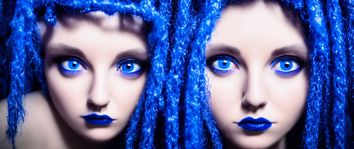 Image similar to hyperrealistic high quality photo close-up portrait of a cute blue gothic medusa with round puppy eyes sharp cinematic lighting 8k low angle shallow depth of field