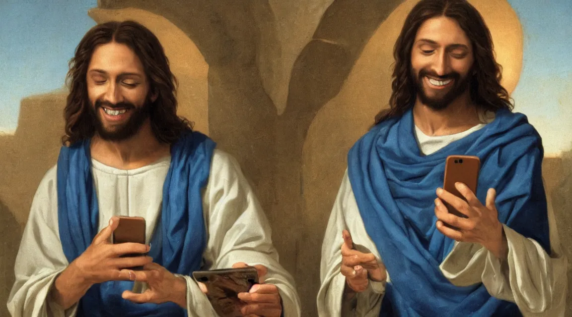 Image similar to portrait of one Jesus laughin because see a meme in him cellphone, no letters, one person