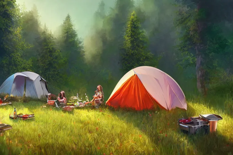 Prompt: meadow camping picnic 4 k, octane, digital painting, hyperdetailed artstation, concept art, sharp focus, illustration