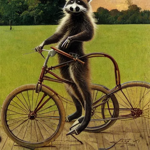 Prompt: raccoon riding a penny-farthing, painting by Norman Rockwell, detailed, 4k