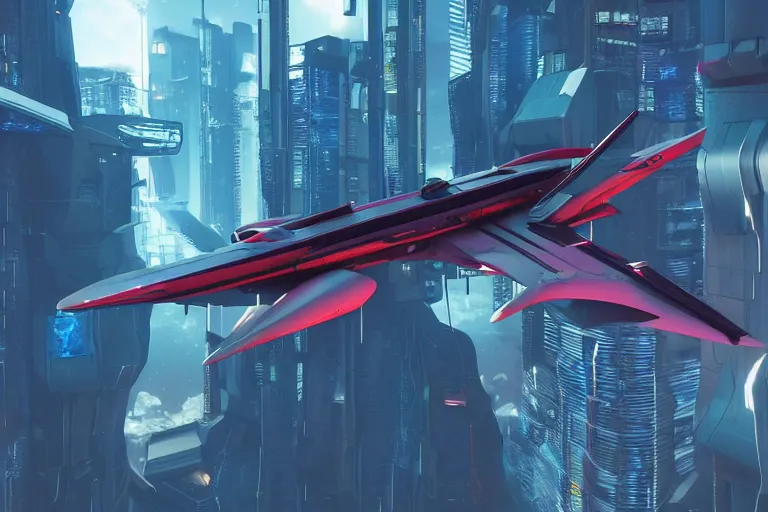 Image similar to cyberpunk alien concept inspired jet plane, futuristic look, highly detailed body, very powerful, photorealistic camera shot, bright studio setting, studio lighting, crisp quality and light reflections, unreal engine 5 quality render