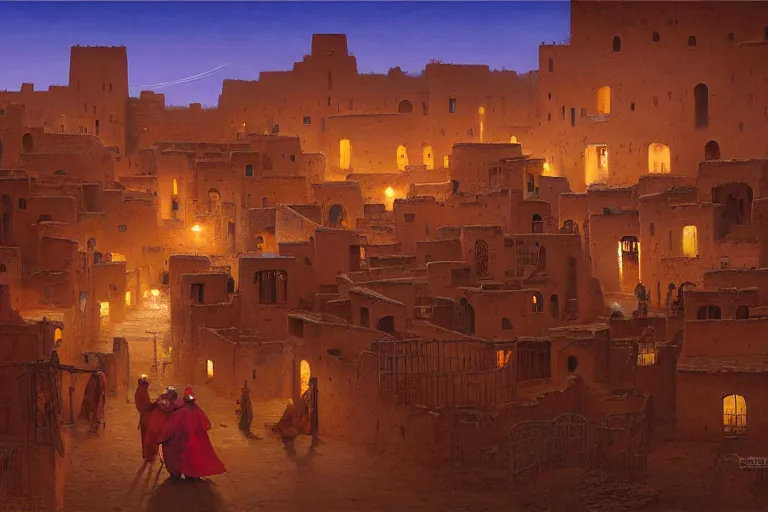 Prompt: in the middle of a adobe house kasbah town, mud and brick houses, merchant street, pueblo architecture, colorful crowd, festival. Scenic view at night, underexposed, clean horizon, matte painting by raphael lacoste and marc simonetti and craig mullins and christophe vacher, trending on artstation