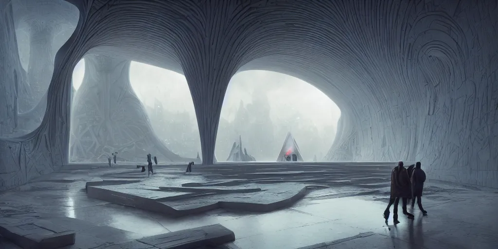 Image similar to the inside of a monument with norse motifs, by tim blandin and arthur haas and bruce pennington and john schoenherr, big windows architecture by zaha hadid, octane render, warm colour scheme, white, cinematic, scenery, cgsociety, modernism, futuristic, trending on artstation, sci - fi, high detail, high quality, close up angle, people walking