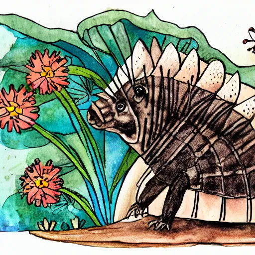 Prompt: armadillo reading the bible children's storybook illustration, ink and watercolor