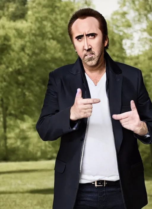 Image similar to portrait photo still of nicolas cage giving a handshake, 8 k, 8 5 mm, f. 1 4, beautiful composition