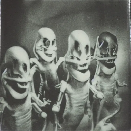 Image similar to polaroid photograph of horrorific alien beings visiting earth, 1 9 5 0