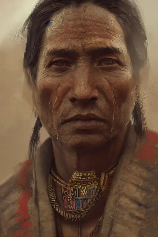 Image similar to aztec citizen, close - up portrait, poor, intricate, elegant, volumetric lighting, scenery, digital painting, highly detailed, artstation, sharp focus, illustration, concept art, ruan jia, steve mccurry