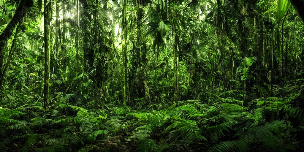 Image similar to lost in the amazon rainforest, beautiful, cinematic, dramatic lighting, shadows, highly detailed