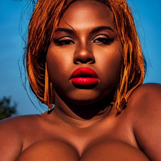 Prompt: portrait face of a curvy beautiful gorgeous black edgy model girl, bikini, big lips, she's mad, sunset, street of africa at night, 8 0 mm lens, 1. 2 aperture, grainy image, close up, cinematic light, 8 k, 4 k, very detailed, depressing atmosphere, cover magazine