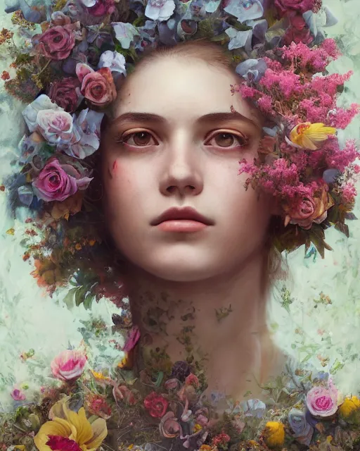 Prompt: portrait of a young swedish girl, 2 0 years old, surrounded by flowers by karol bak, james jean, tom bagshaw, rococo, sharp focus, trending on artstation, cinematic lighting, hyper realism, octane render, 8 k, hyper detailed.