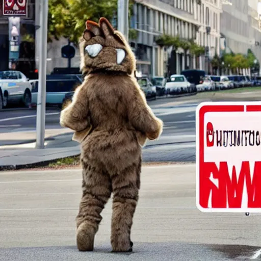 Image similar to a street sign warning furries that they will be arrested, sad furry looking at it