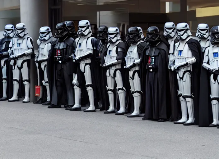 Image similar to film still of Darth Vader waiting in line at the bank in the new Star Wars movie, 4k