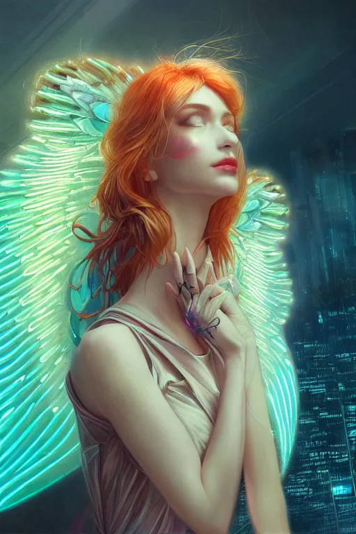 Image similar to portrait futuristic goddess angel Girl with wings, in future cyberpunk tokyo rooftop , ssci-fi, fantasy, intricate, very very beautiful, elegant, human anatomy, neon light, highly detailed, digital painting, artstation, concept art, smooth, sharp focus, illustration, art by tian zi and WLOP and alphonse mucha